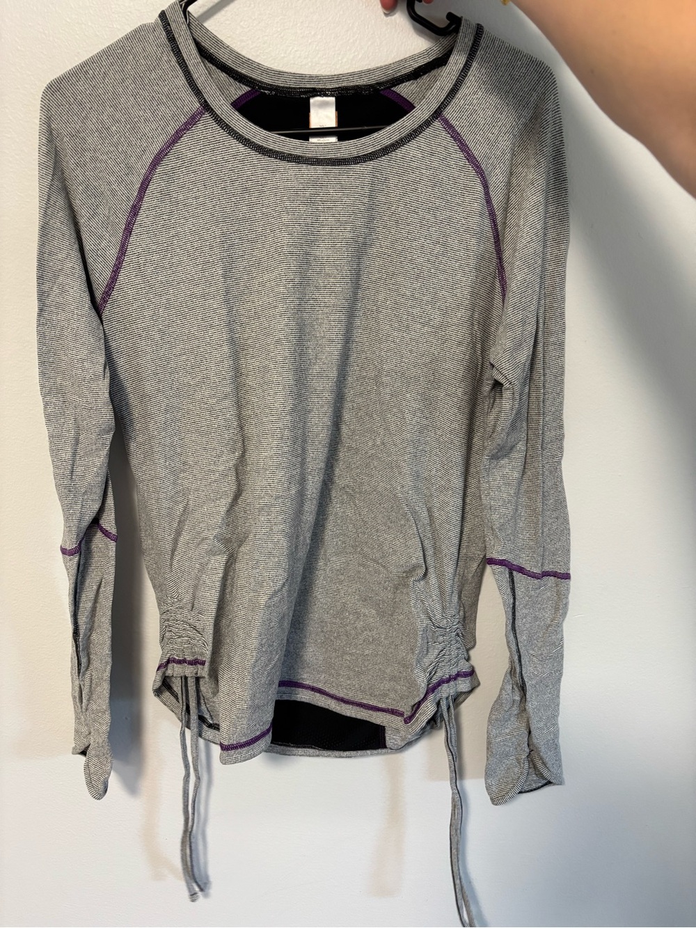 Lucy Striped Gray and Black Long Sleeve Top with Purple Trim